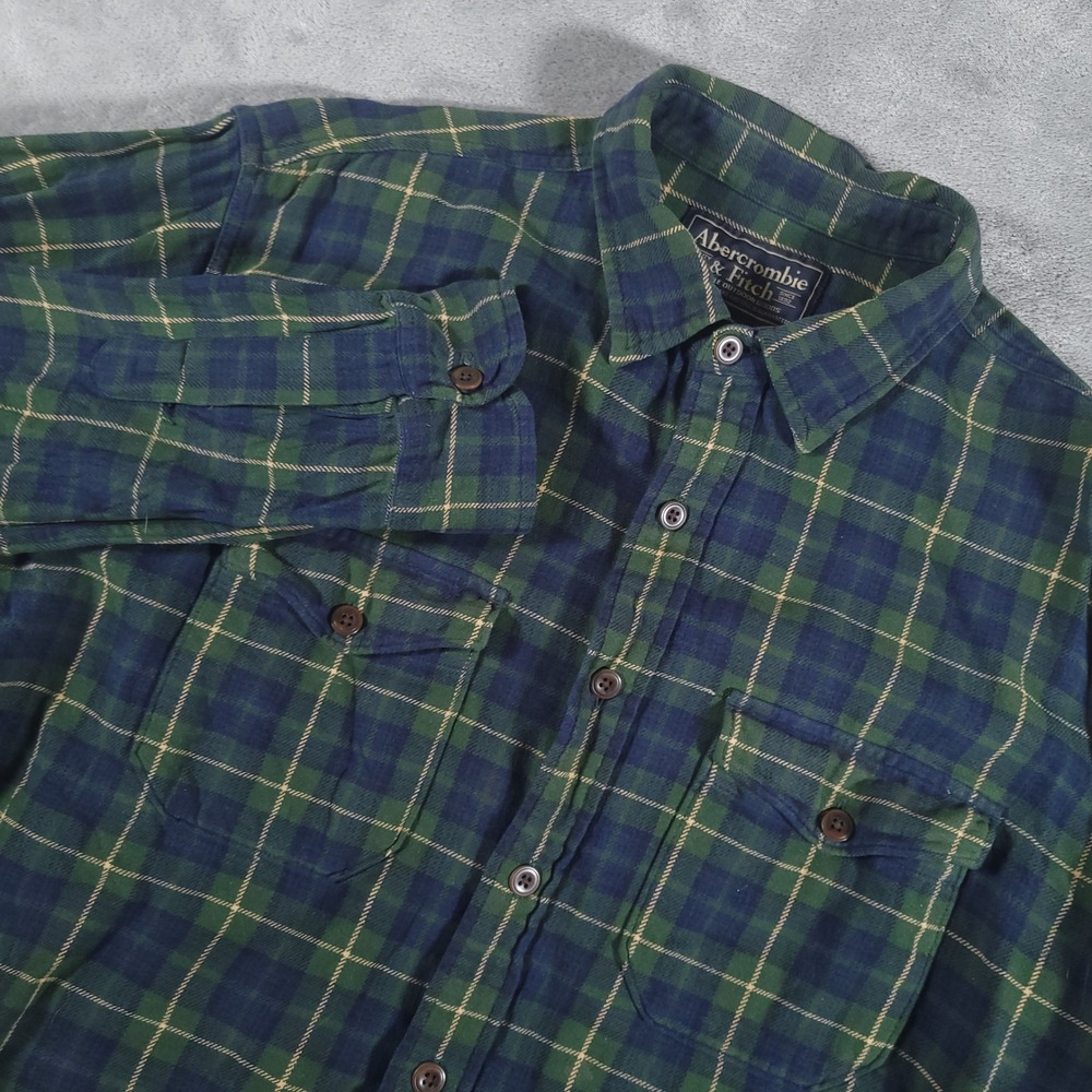 Abercrombie & Fitch Shirt Mens L Green Plaid Button Up Flannel Double Pocket